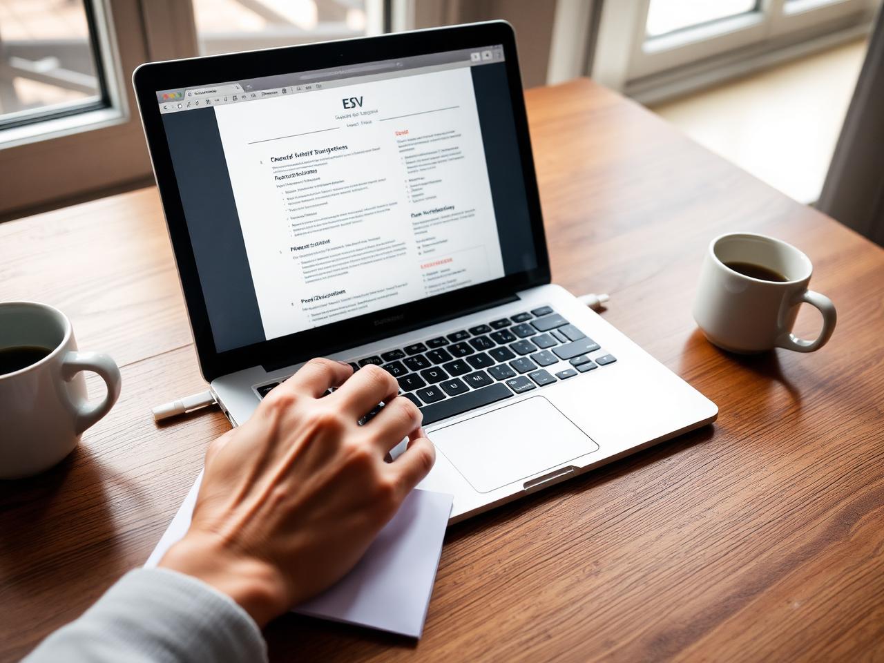 Person editing a CV on a laptop at a wooden desk